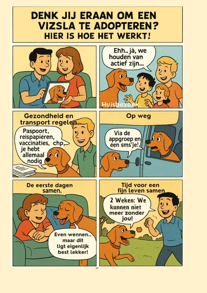 Infographic hoe adoptie van een vizsla uit Hongarije eruit ziet, als de Stichting Vizsla Herplaatsing dat organiseert